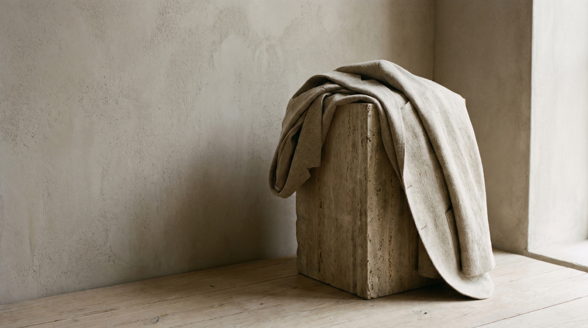 An editorial fashion studio with a draped garment in soft daylight