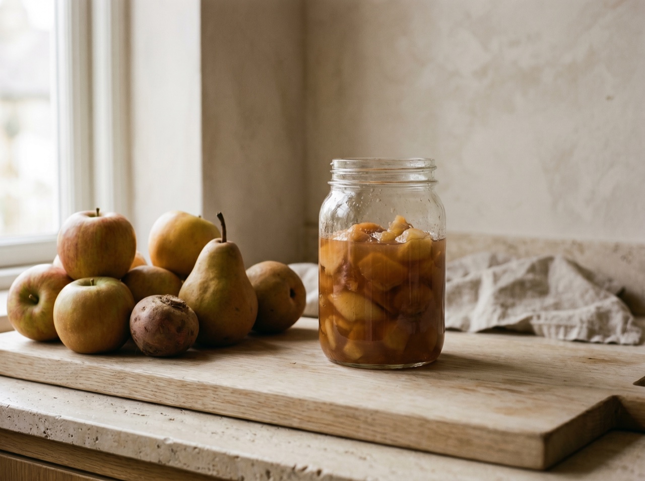 An artisan jar on a wooden board with warm produce in daylight