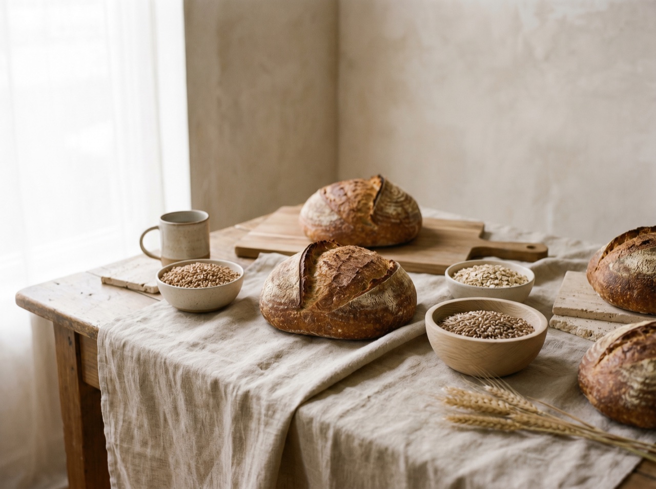 Warm loaves and grains on a linen-covered table in soft light
