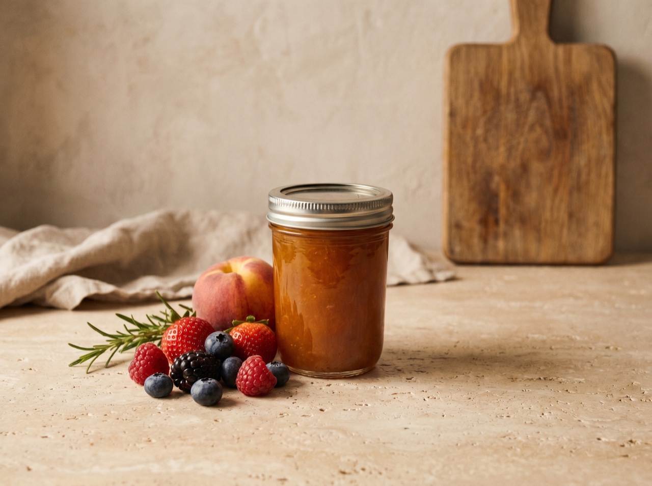 A jar of preserves beside fresh produce on warm stone