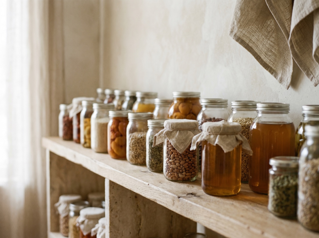 A warmly lit pantry shelf of artisan provisions
