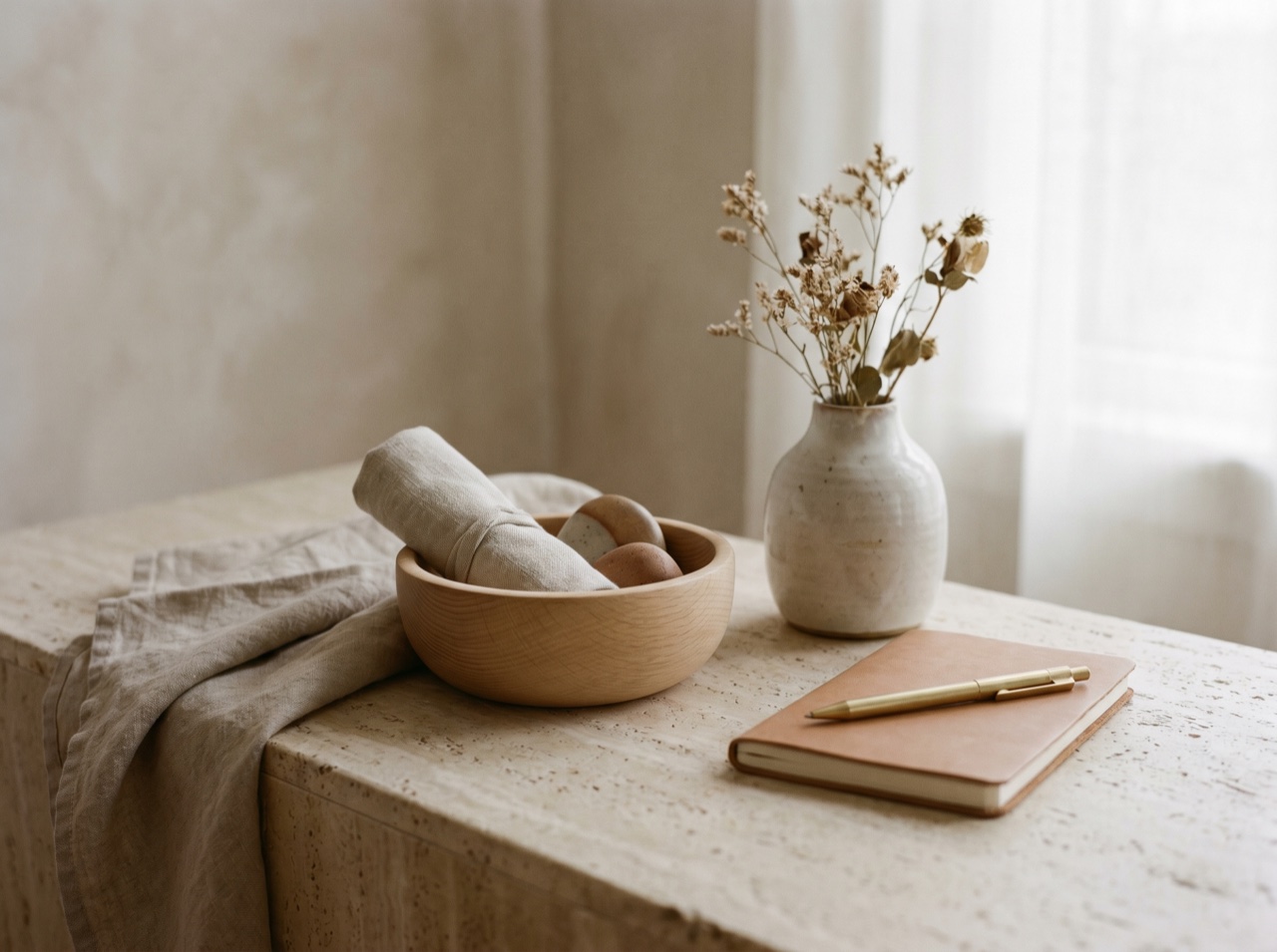 A curated arrangement of mixed goods on a pale surface in daylight