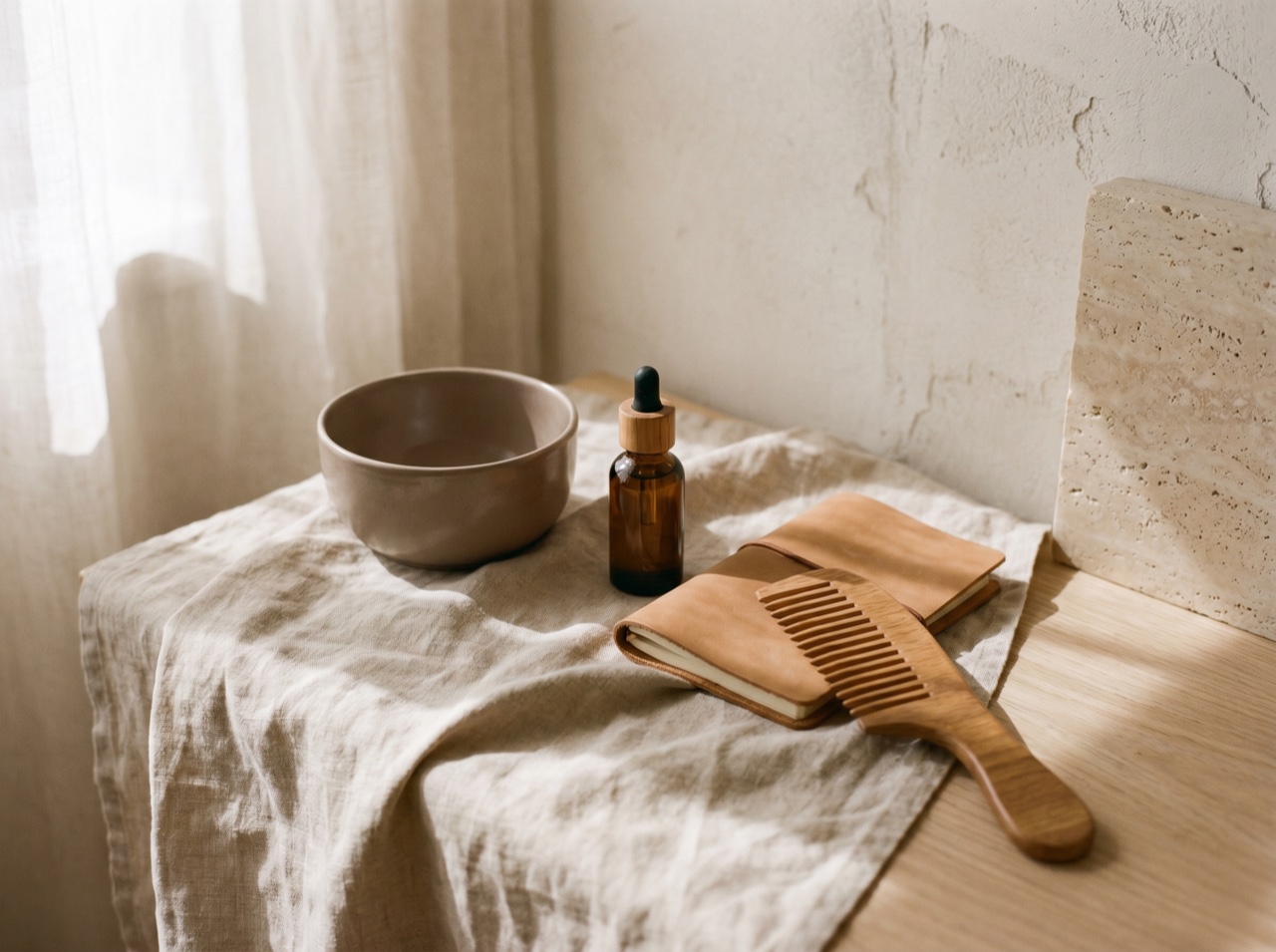 Mixed premium products styled on warm linen in soft light