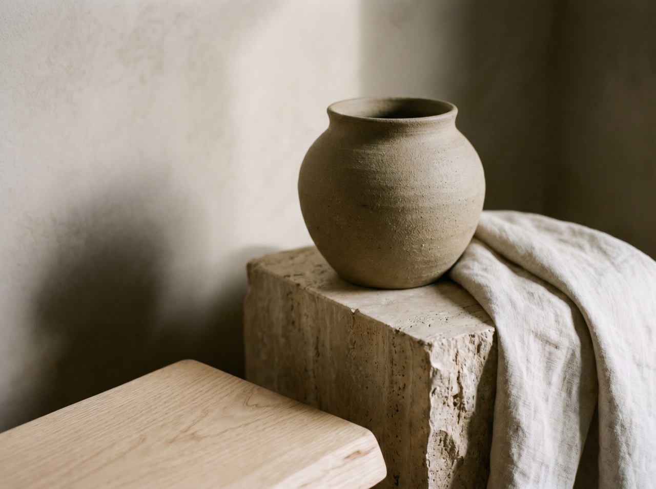 A single well-styled product on warm stone, deep shadow