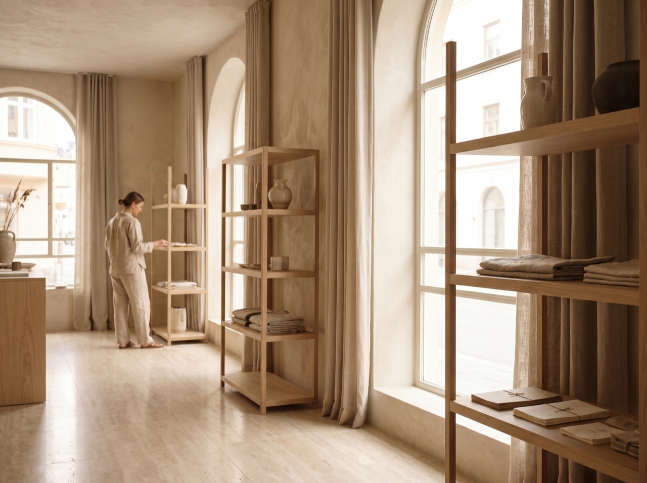A bright, calm retail interior with curated shelves