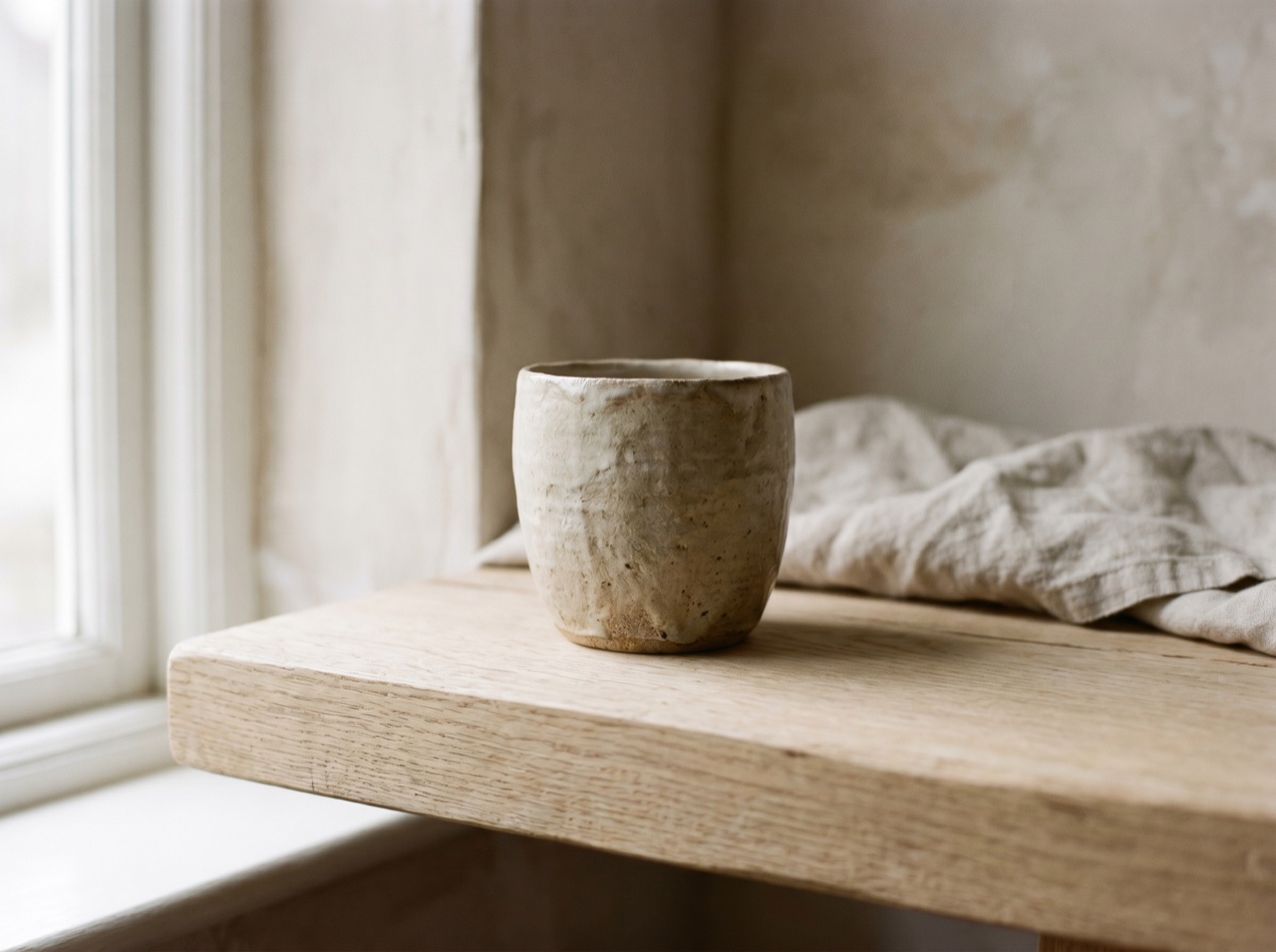 A ceramic vessel on a pale oak shelf in soft directional light