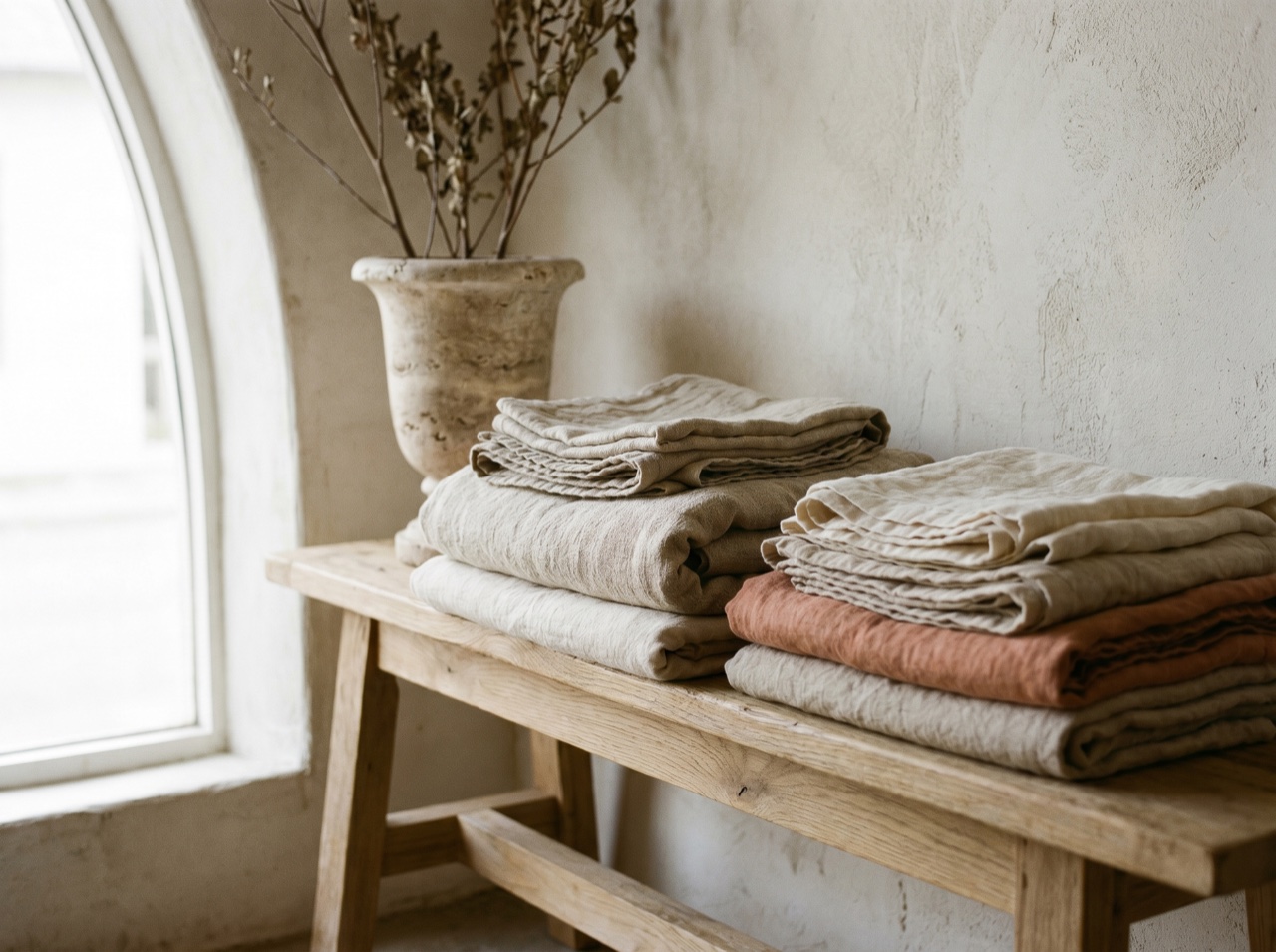 Folded linen textiles stacked on a wooden bench in daylight