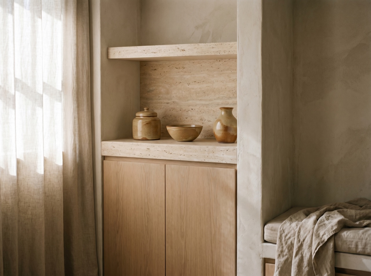 A quiet shelf of ceramics in a sunlit interior