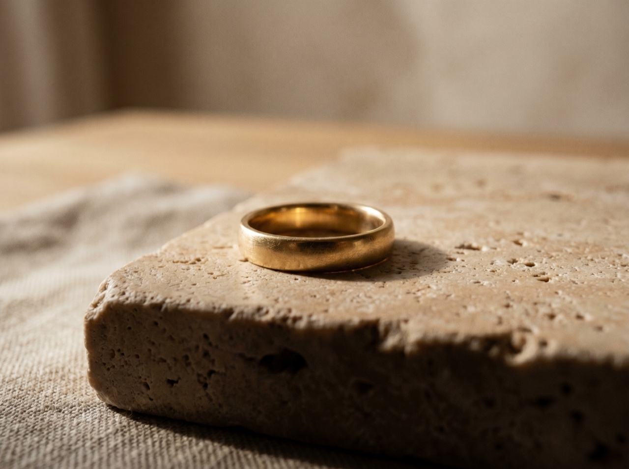 A macro detail of a gold setting catching soft light on stone