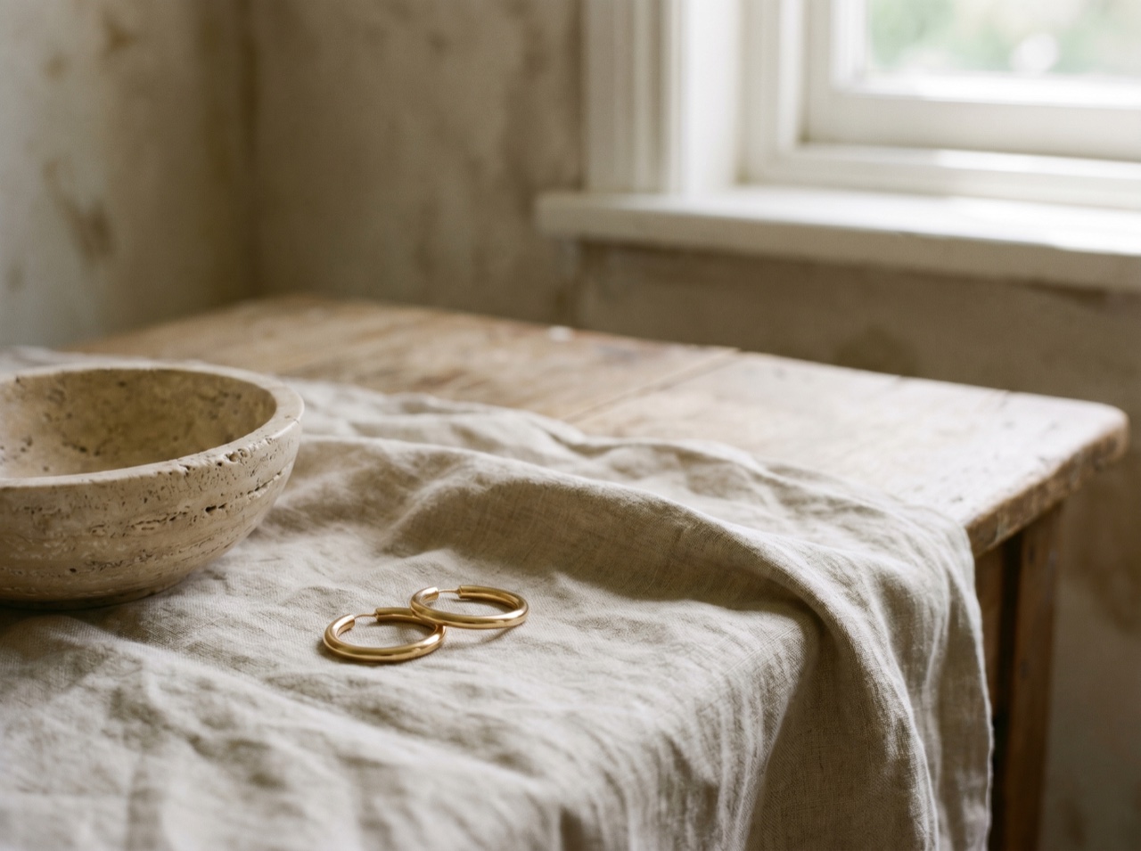 A pair of fine earrings arranged on warm linen in soft daylight