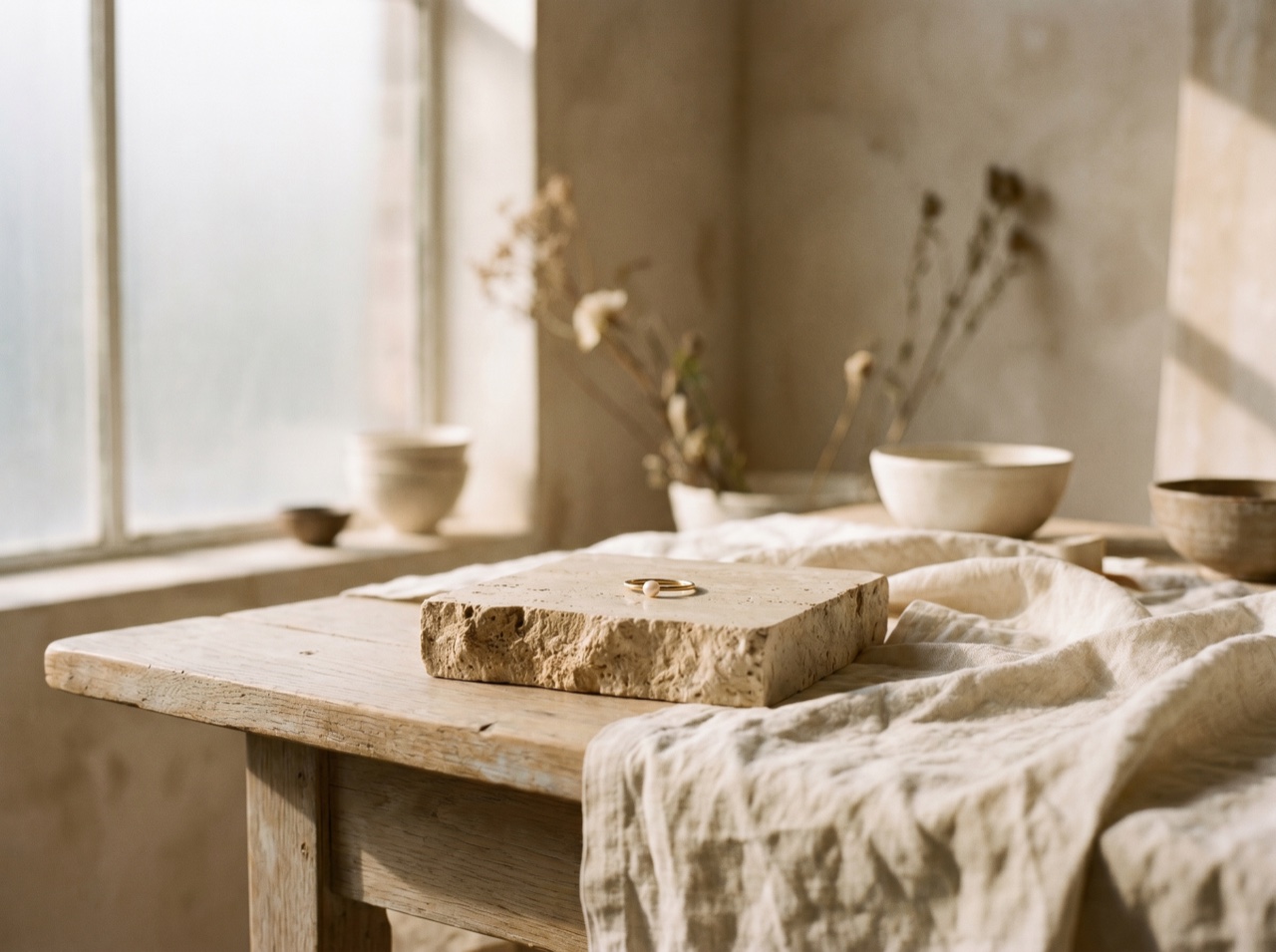 A ring displayed on a stone plinth in a quiet sunlit studio