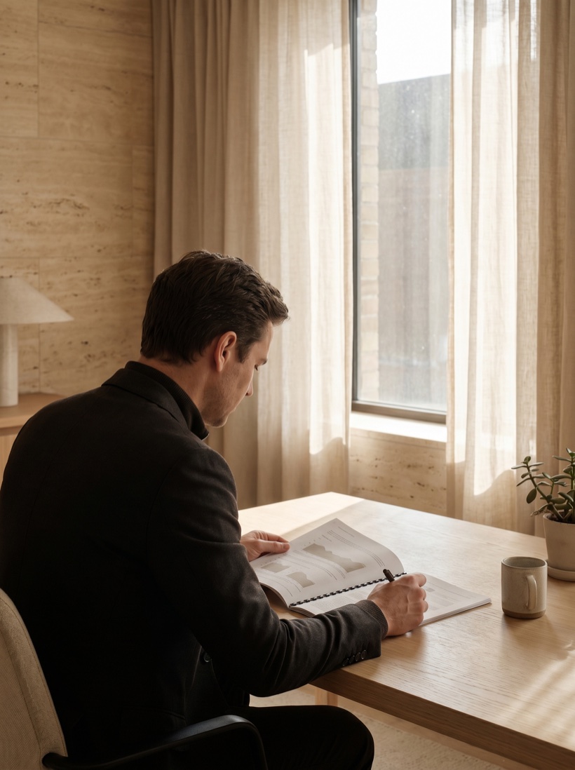 A consultant reviewing a printed strategy document at a sunlit oak desk