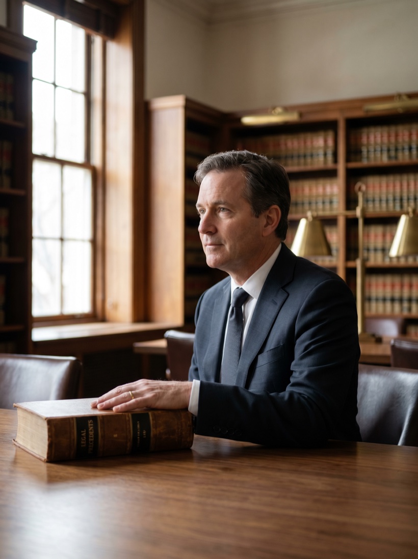 A composed attorney resting a hand on a law volume by a tall window in a walnut-lined office