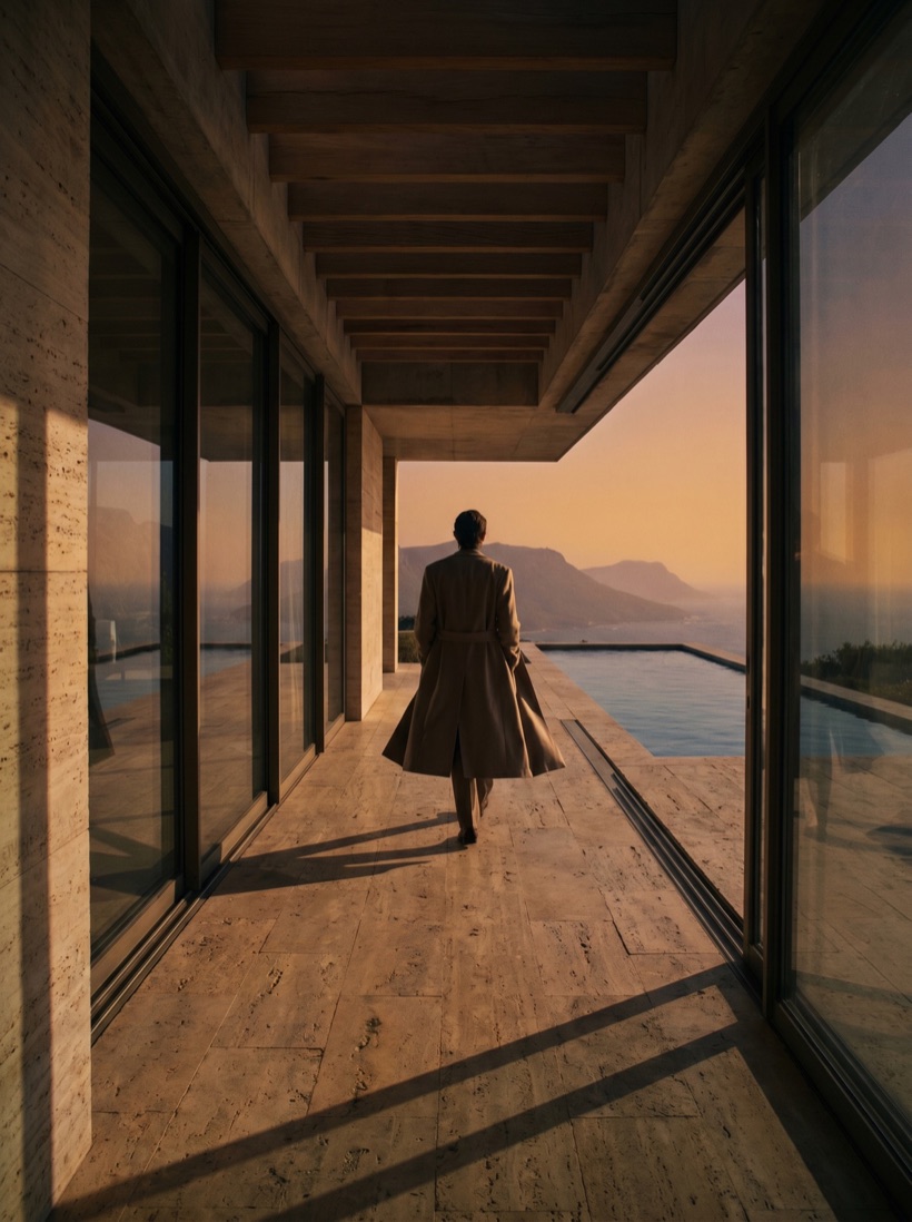 A confident luxury real-estate agent in a sunlit modern home with a city view