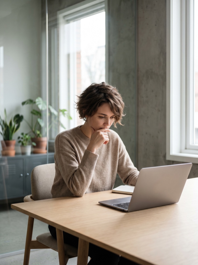 A focused technology consultant in quiet thought at a pale-oak desk in a calm minimalist workspace