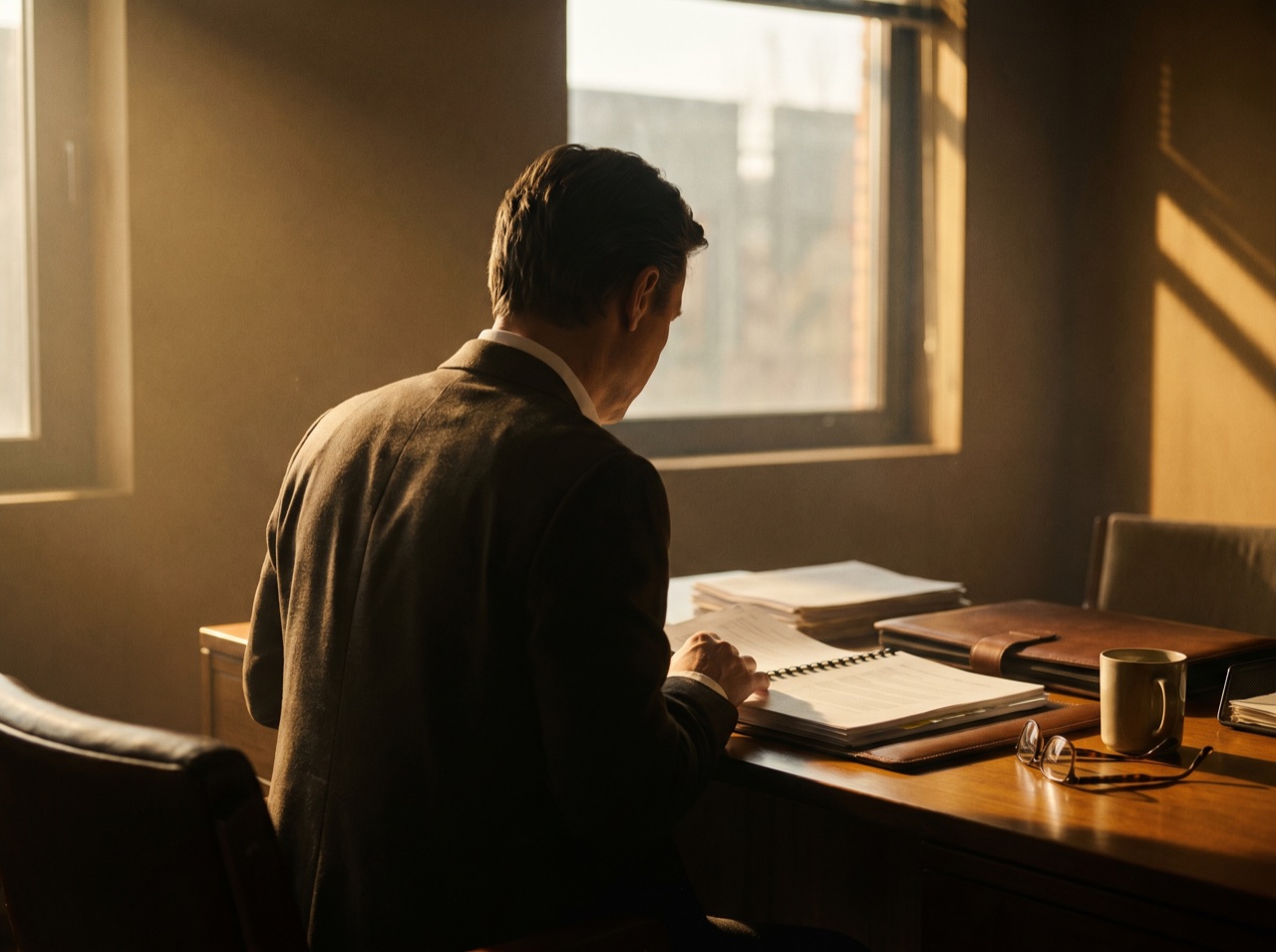 A consultant reviewing a client proposal at a sunlit desk