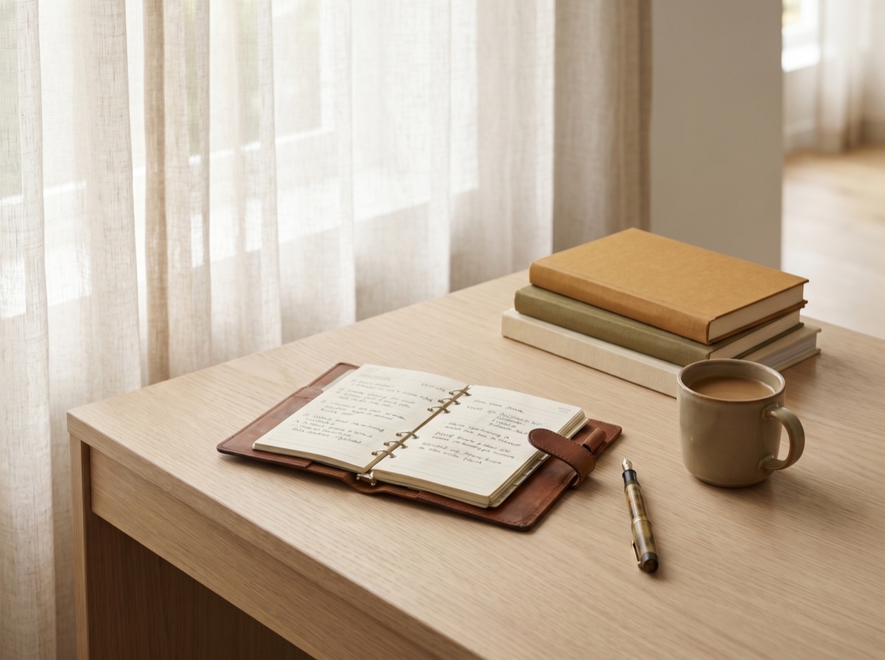 A tidy consulting desk with an open planner by a bright window