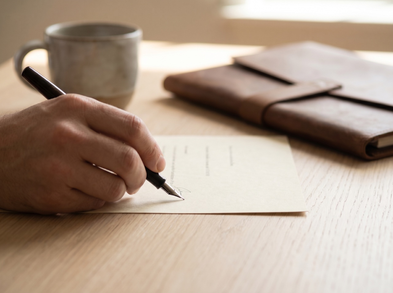 A hand signing a clean professional document in soft light