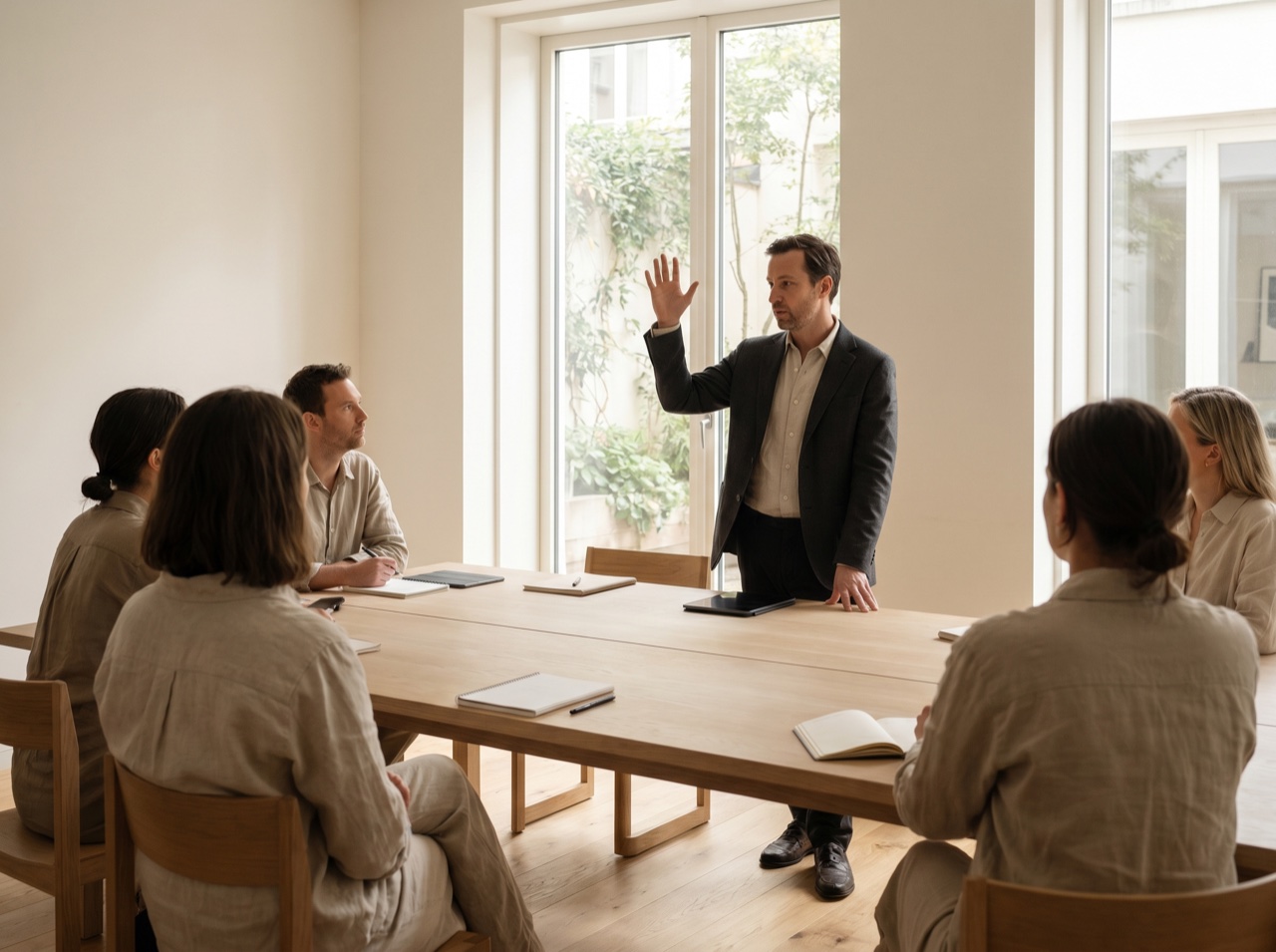A consultant addressing a small attentive workshop group