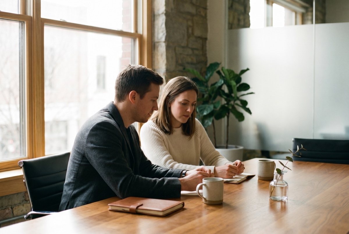 Two professionals in warm, attentive conversation across a table in a sunlit office