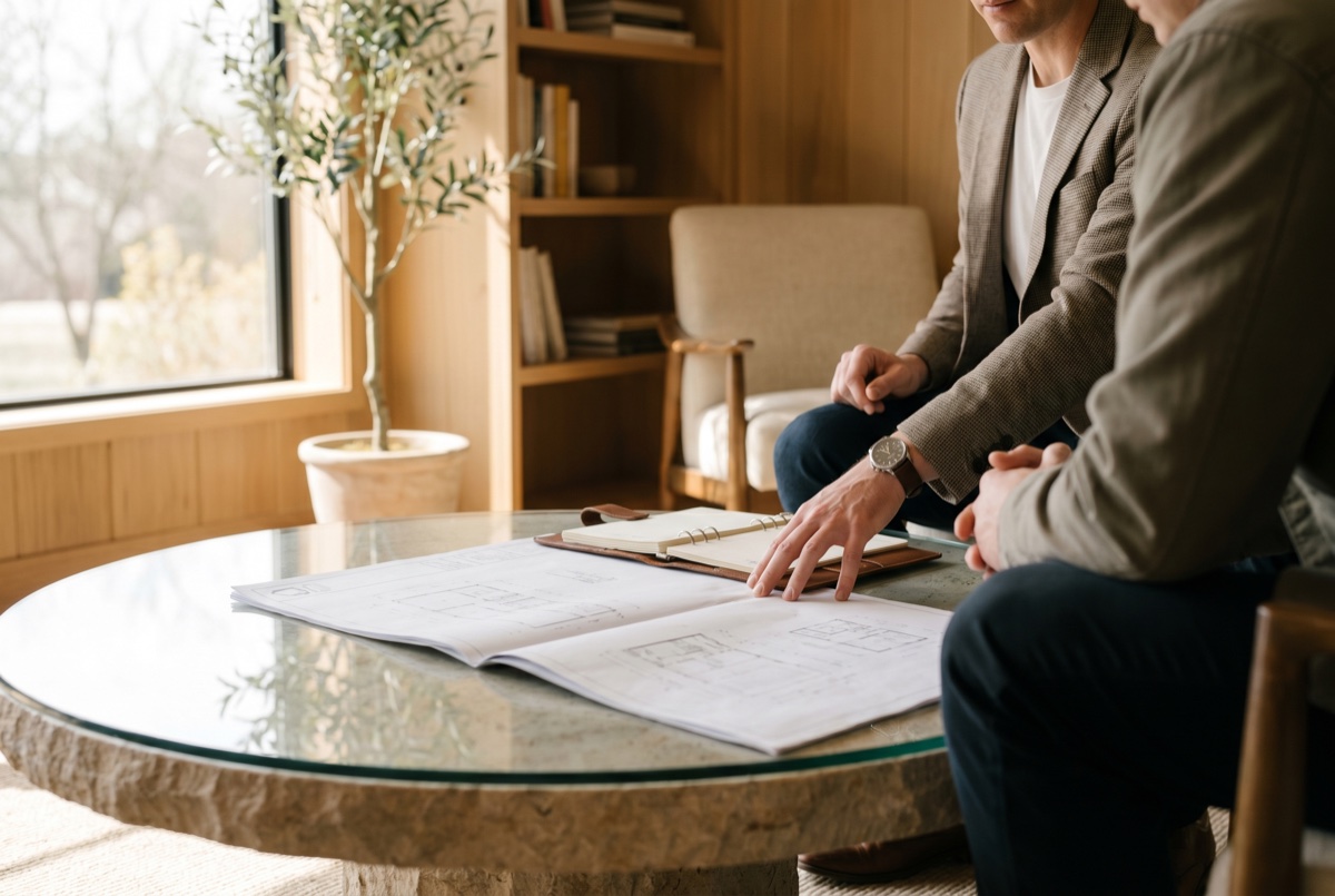 A professional presenting to a client across a table in a warm office