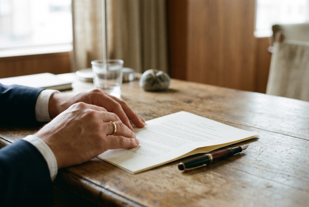 Hands over a clean printed proposal and a fountain pen on a warm wood desk
