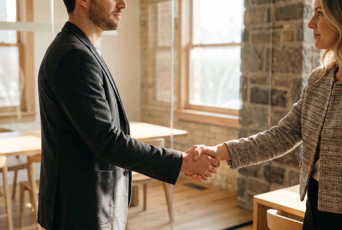 A warm handshake between two professionals in a sunlit office