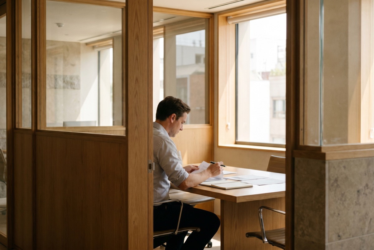 A focused professional at work in a sunlit minimalist office
