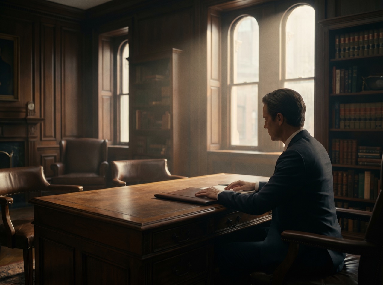 An attorney drafting a client note at a walnut desk by tall windows