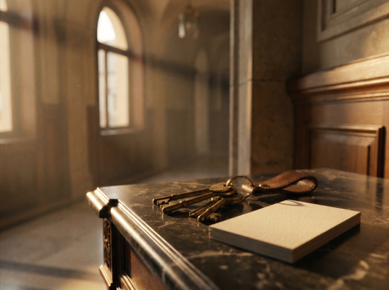 An elegant agent business card and keys on a marble console