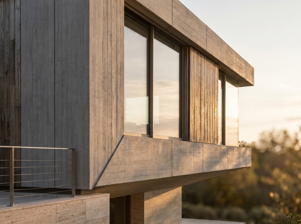 A refined façade detail of concrete, glass, and timber