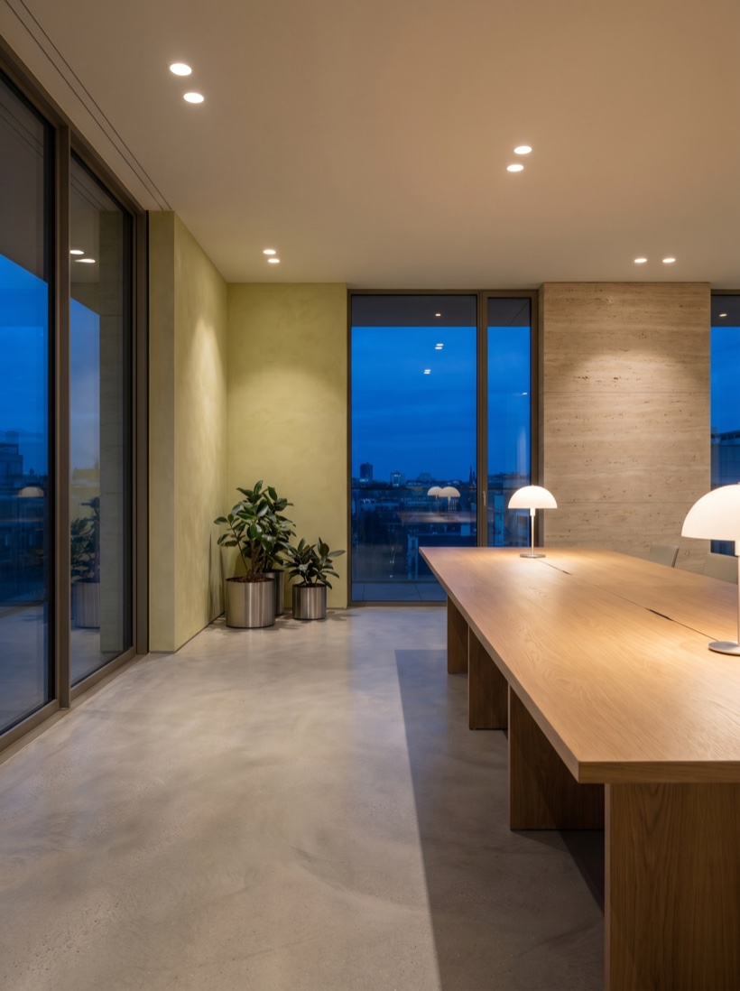 A cinematic modern office and industrial property exterior at dusk, clean architecture, no signage