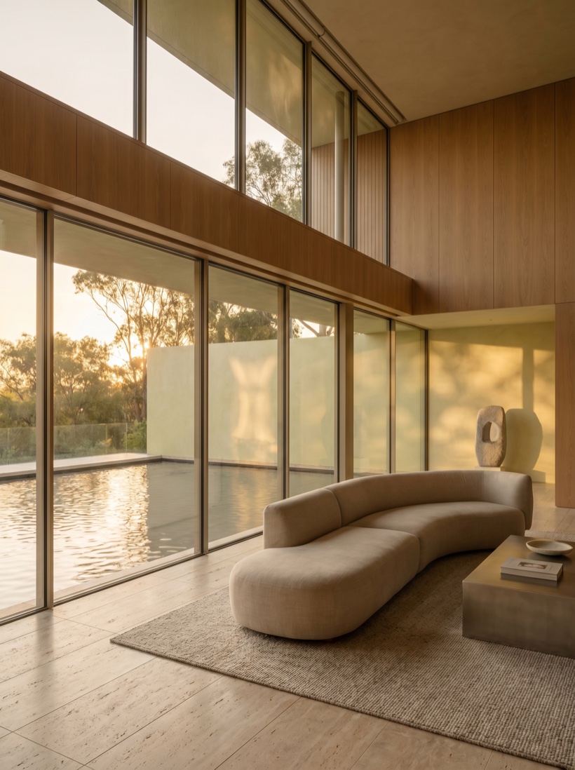 A grand contemporary estate at golden hour, floor-to-ceiling glass and a pool, restrained and cinematic