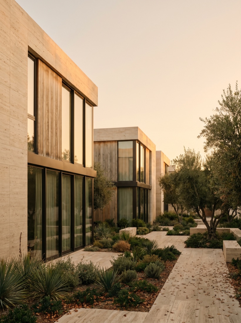 A cinematic architectural rendering of a new residential development at golden hour, clean lines, no signage
