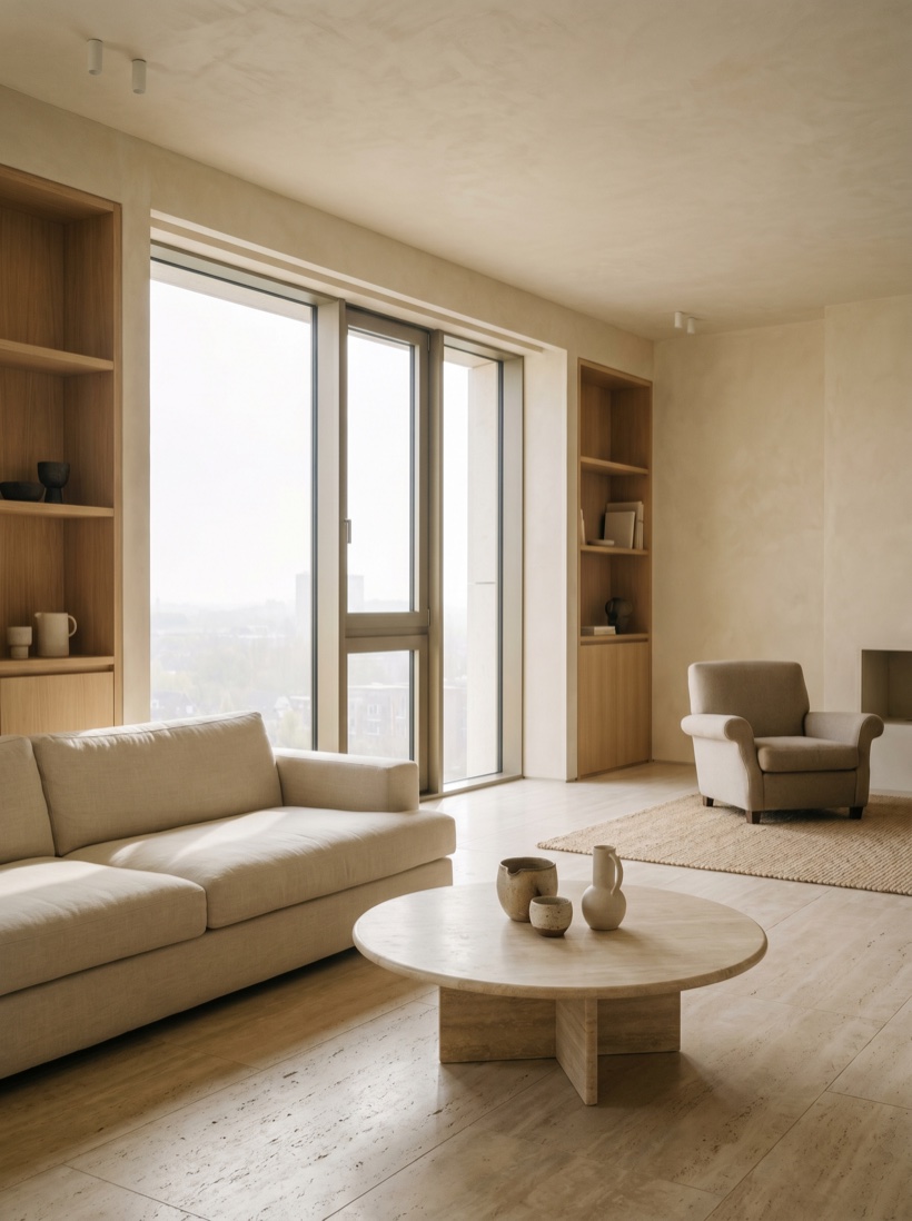 A calm, well-kept managed residence interior in soft daylight, considered and reassuring