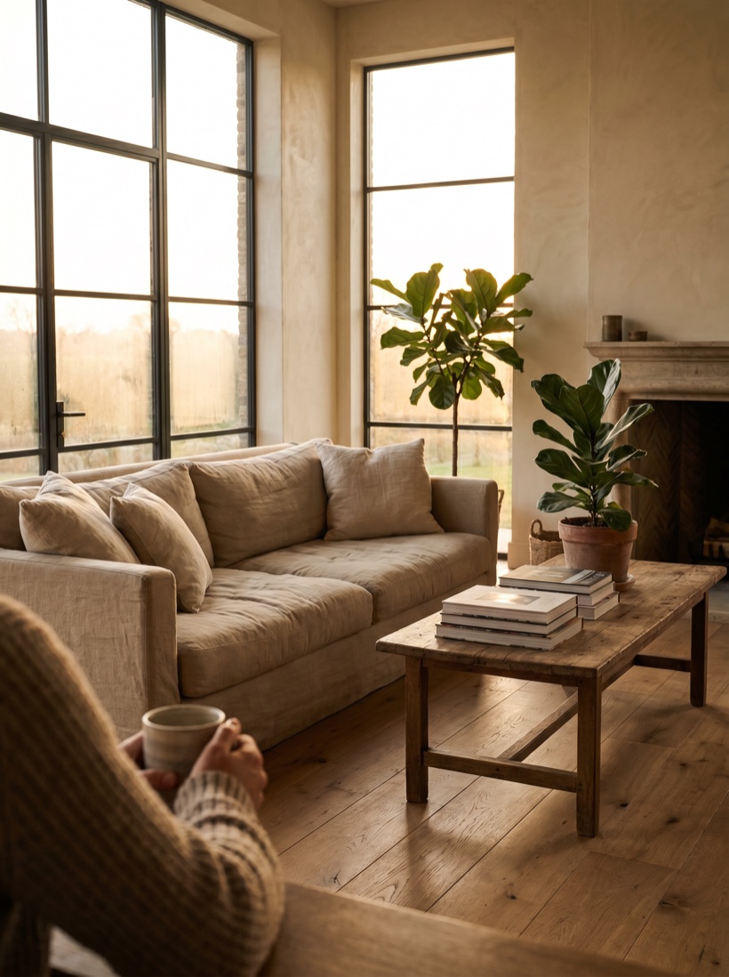 A warm, light-filled family home interior at golden hour, lived-in and inviting, soft daylight
