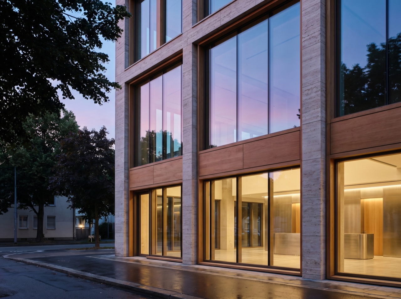 A modern commercial building exterior at dusk