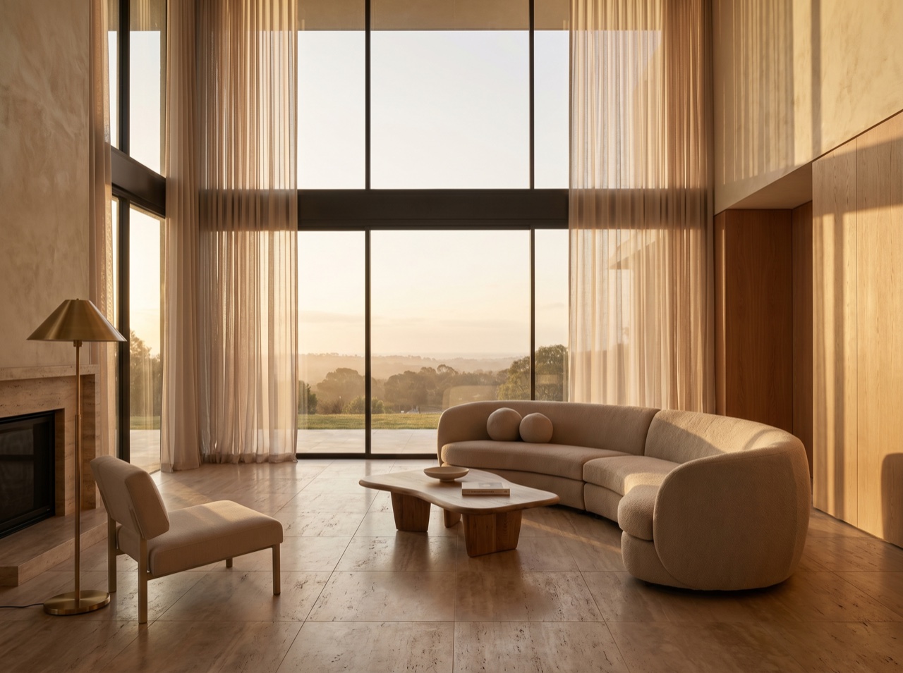 A grand living space with floor-to-ceiling glass at golden hour