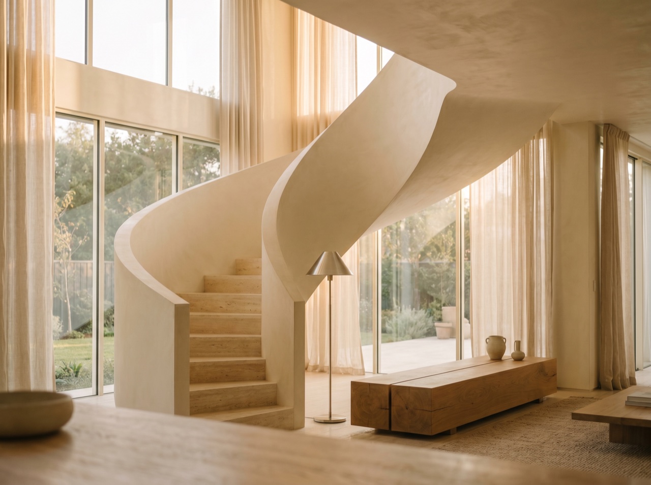A sculptural staircase in a calm, light-filled estate interior