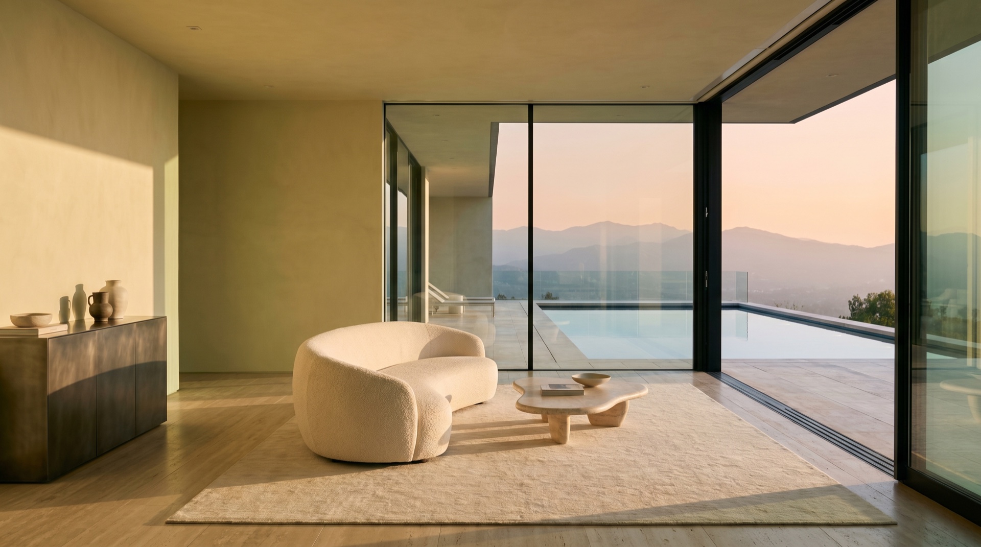 A cinematic property interior at golden hour, generated in the UOVA studio