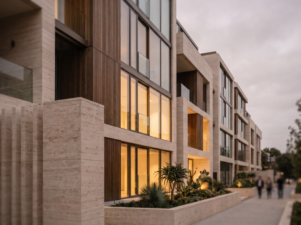 A cinematic architectural rendering of a development exterior