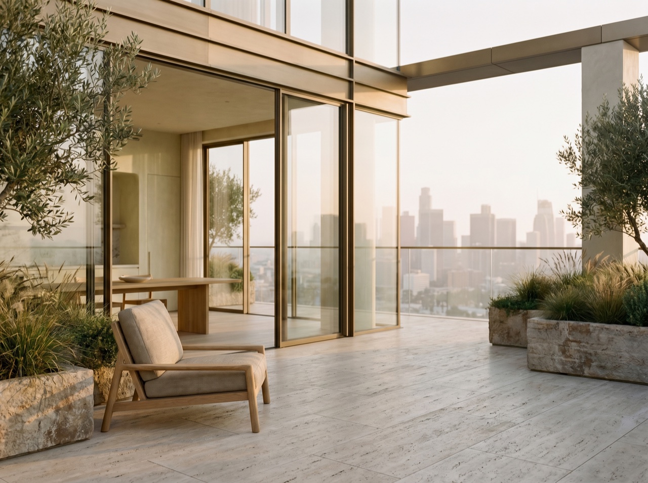 A golden-hour rooftop terrace overlooking the city