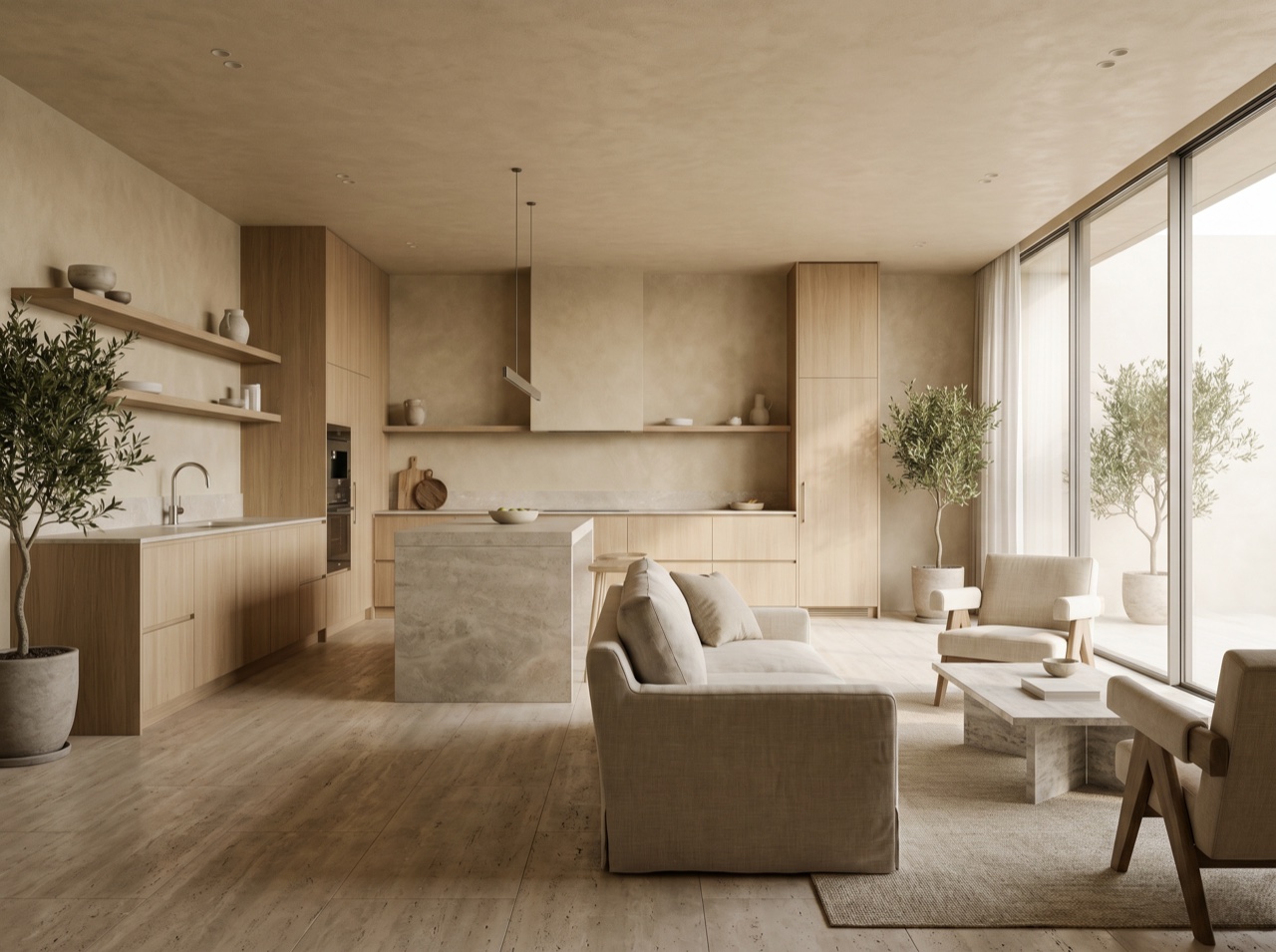 A tidy, light-filled managed kitchen and living area