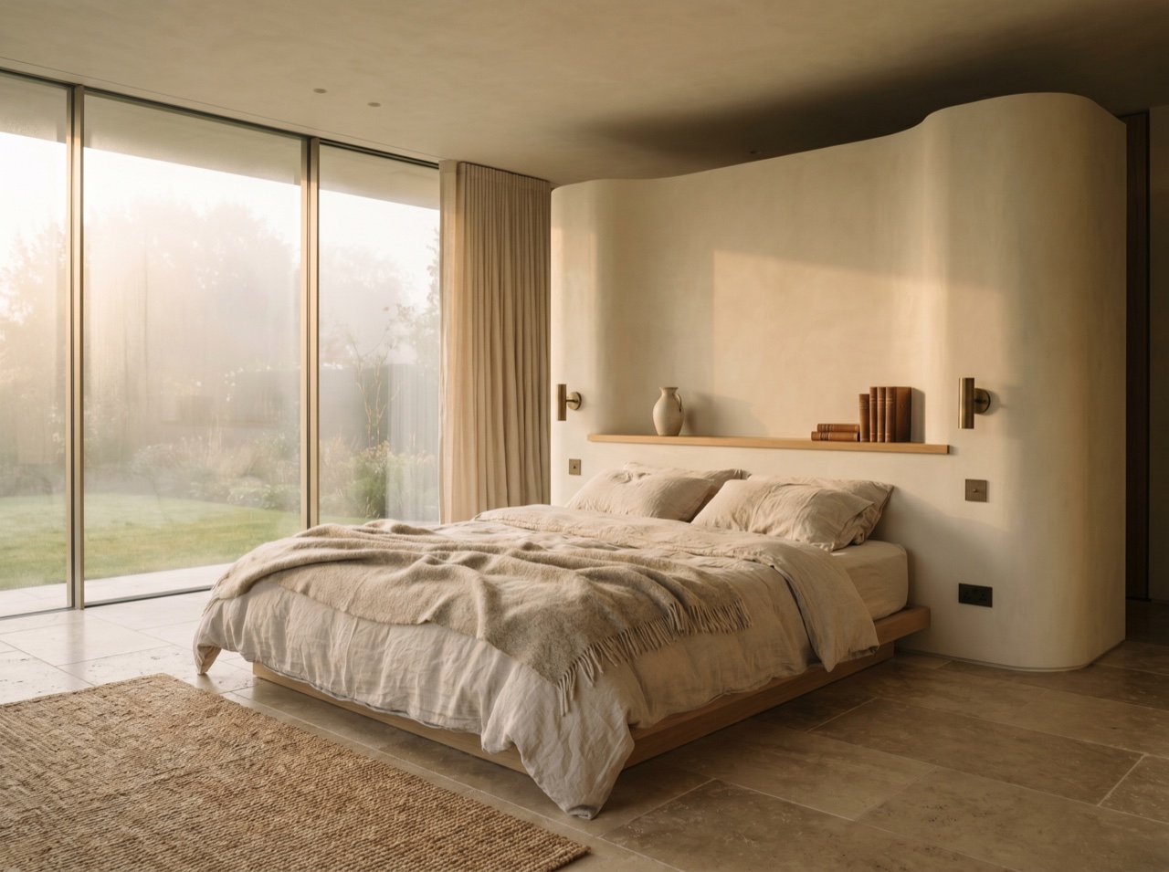 A serene managed bedroom in soft morning light
