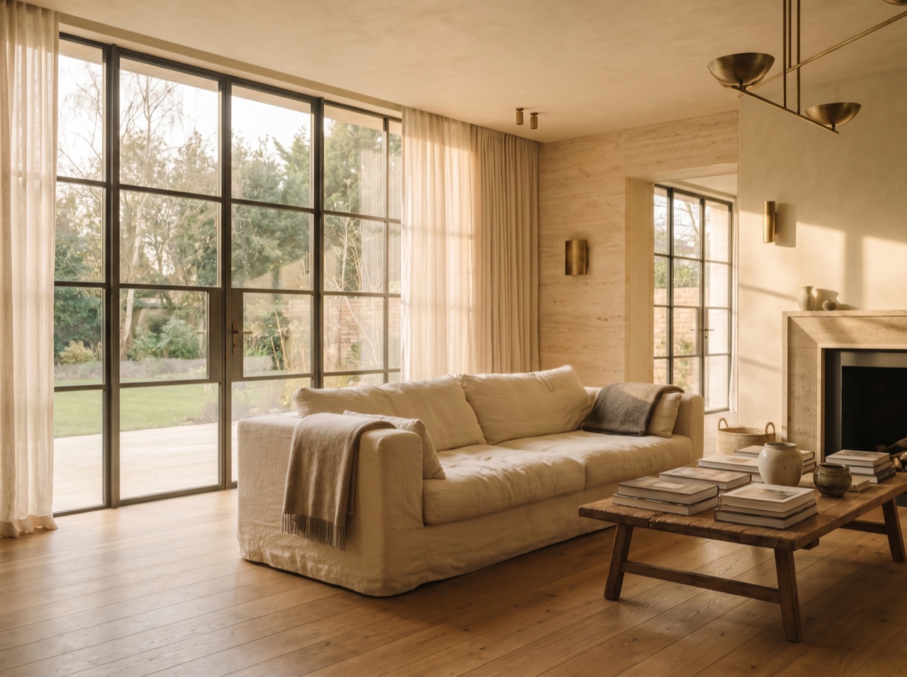 A warm, light-filled living room with generous negative space
