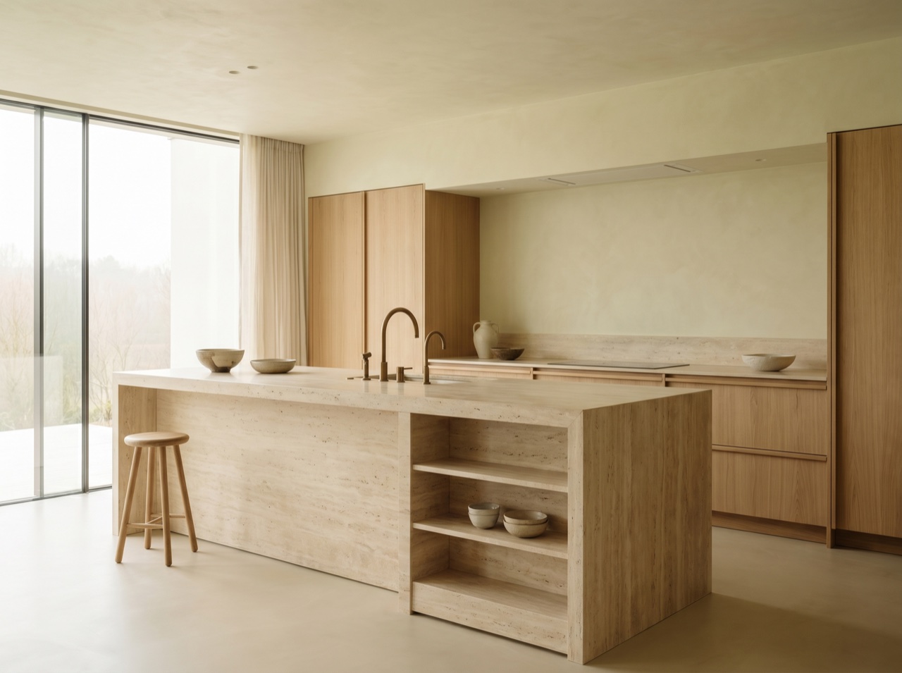 A refined kitchen with a stone island in soft daylight