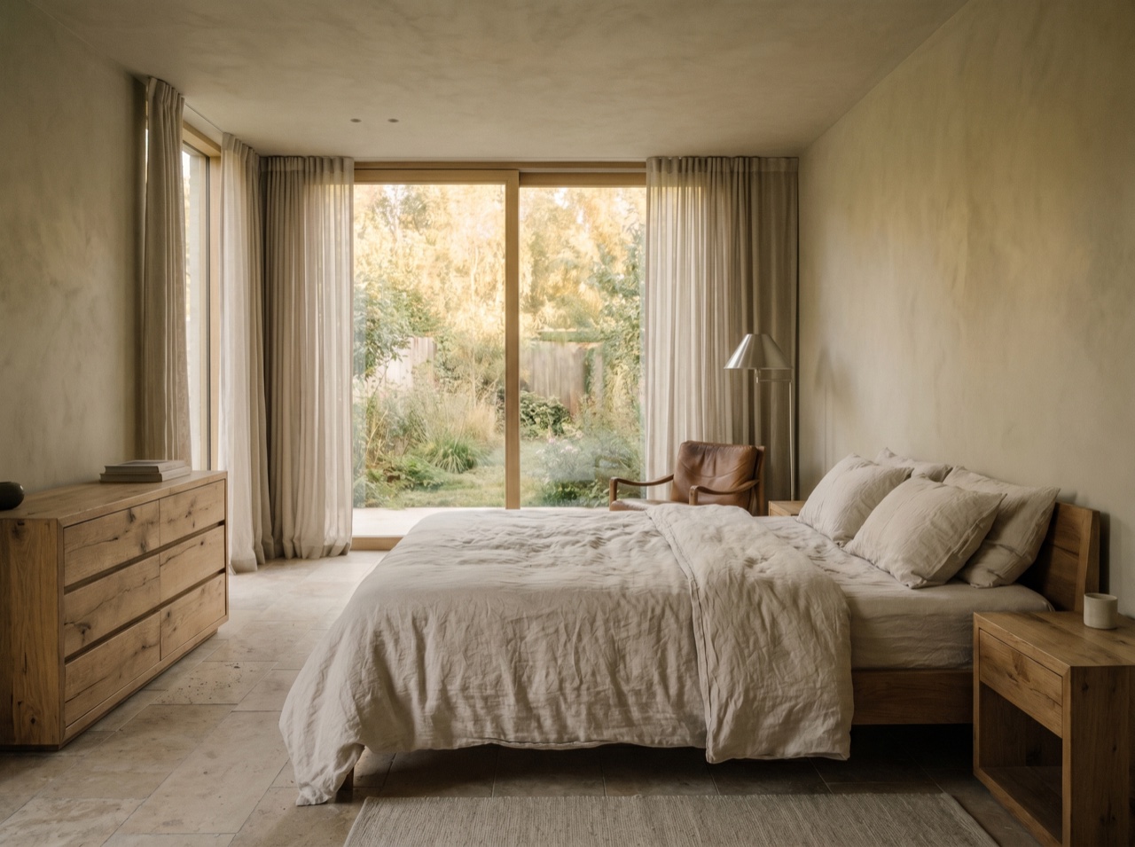 A serene primary bedroom suite in quiet morning light