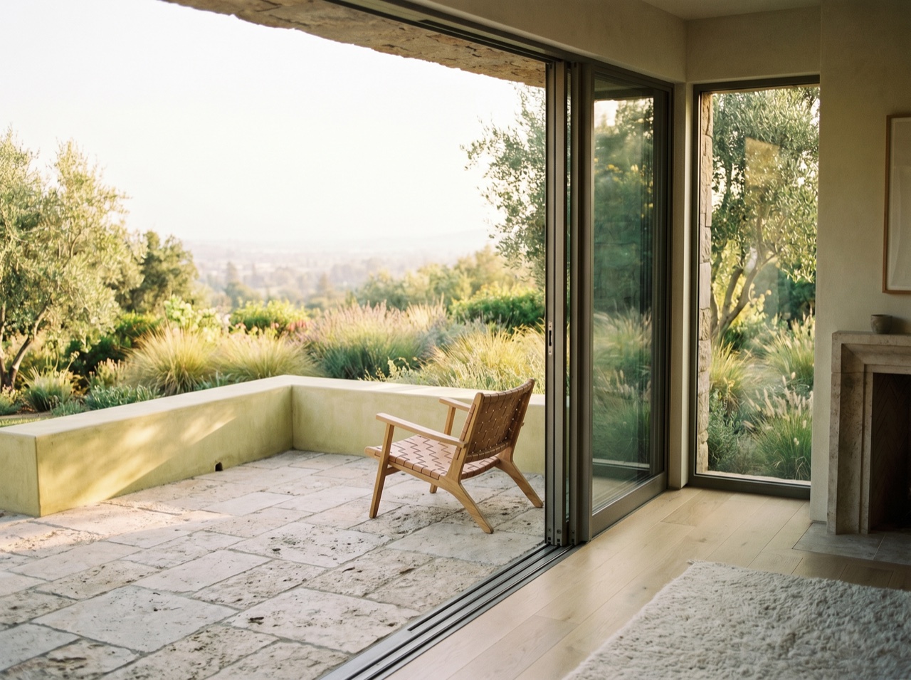 A terrace opening onto a golden-hour view, the home's outlook