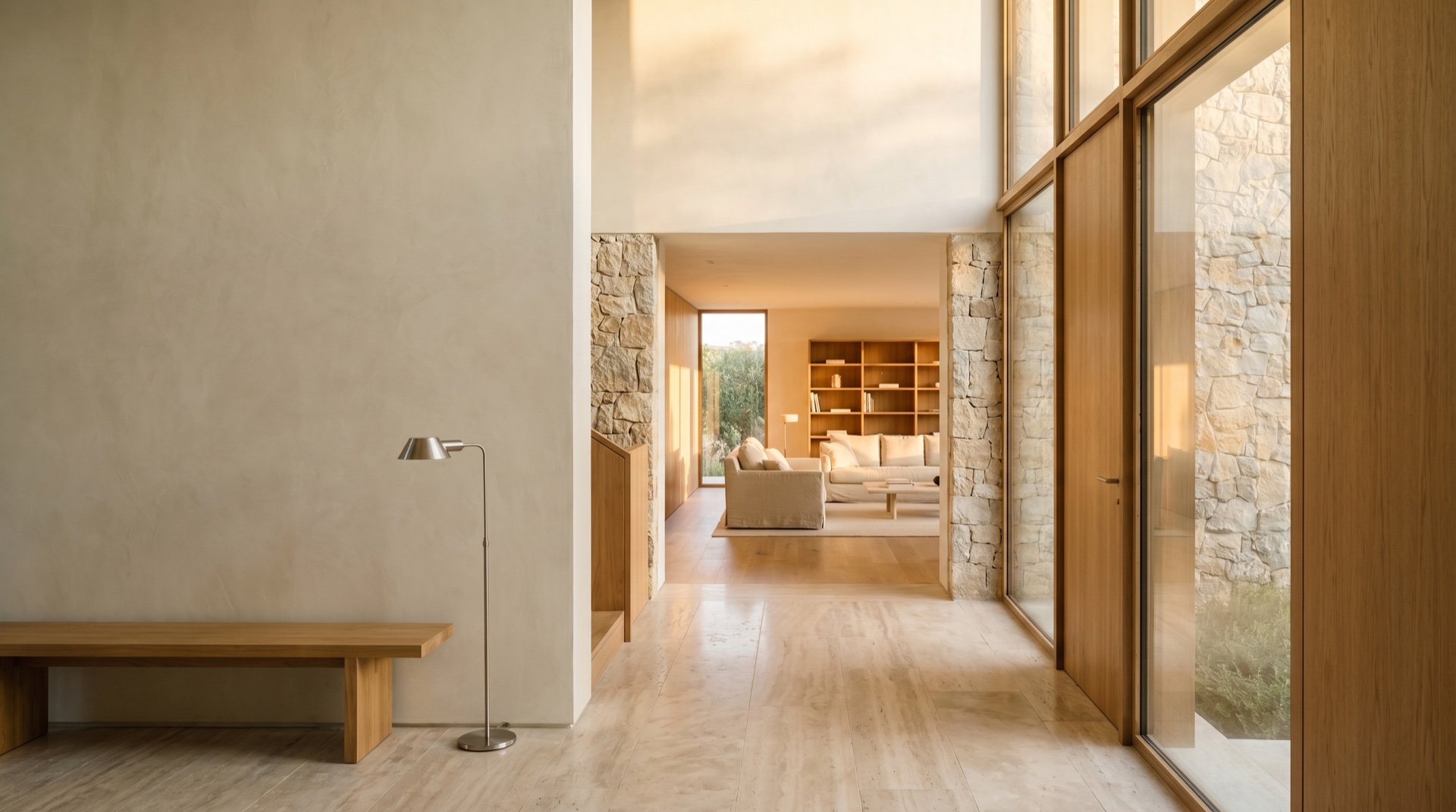 A sunlit entrance hall with a clear sightline through the home