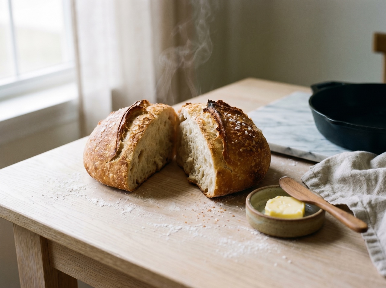 A torn loaf of warm sourdough with cultured butter, soft daylight